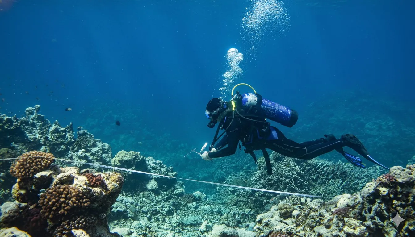 Coral reef survey with transect line, Indian Ocean